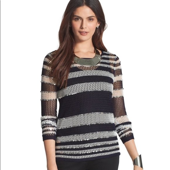{Chico’s} Sequin Striped Open Weave Sweater - Picture 1 of 8
